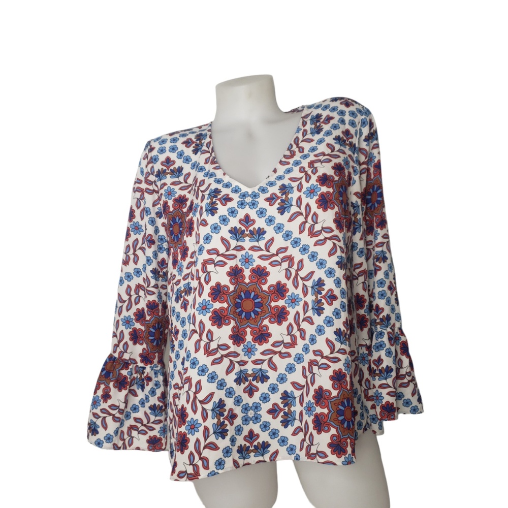 ADRIENNE VITTADINI White Red Blue Floral Bell Sleeve V-Neck Blouse Size Medium